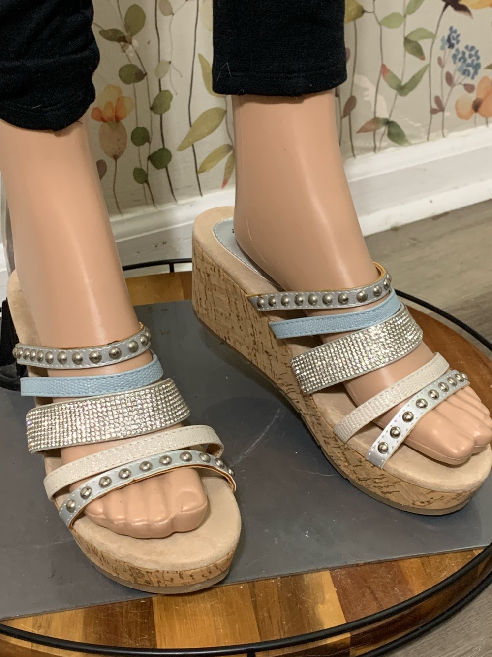 Sz 10.5 Patrizia Corletha Grey and Silver Rhinestone Cork Wedge Sandals